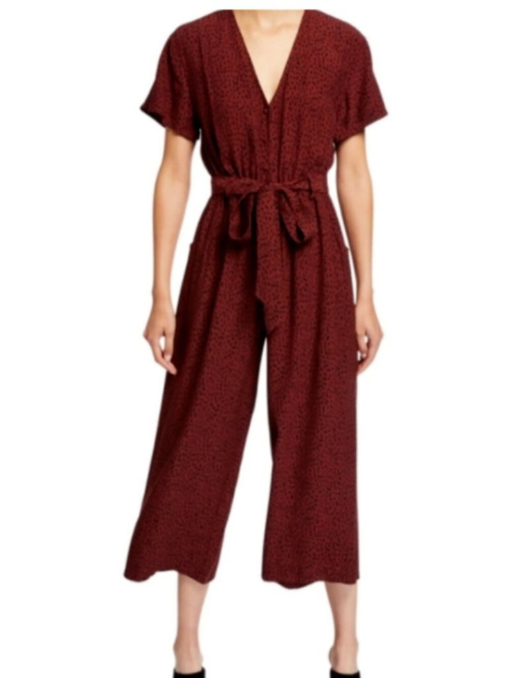 Rails Jet Spotted Burgundy Maroon Short Sleeve Wide Leg Jumpsuit – Size XS